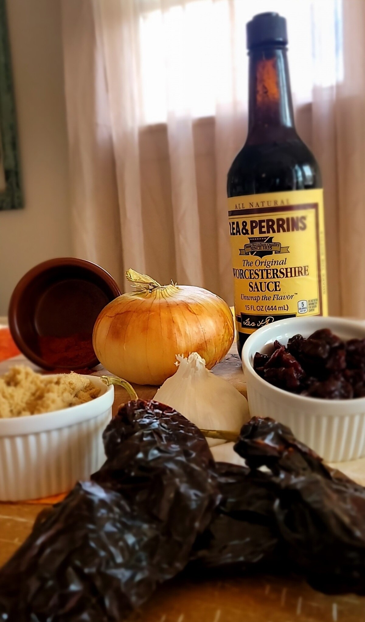 dried cherries, chilis, brown sugar, onion, garlic, smoked paprika, worcestershire.