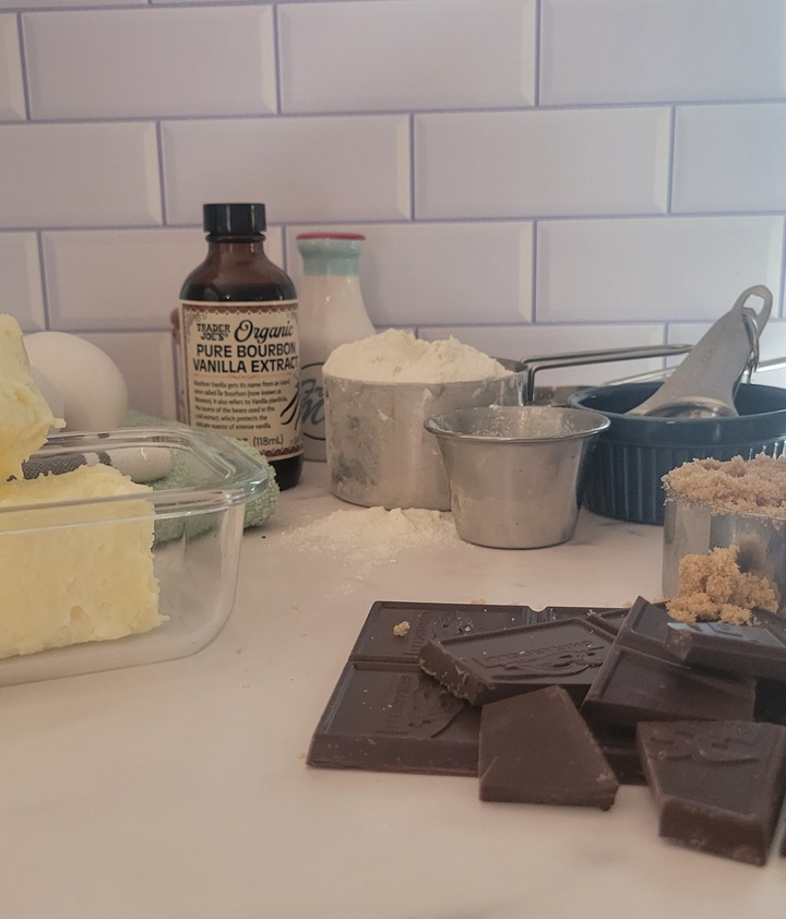 Raw ingredients shown for dark chocolate chunk brown sugar cookies
