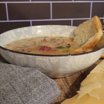 finished white bean and ham soup with bread