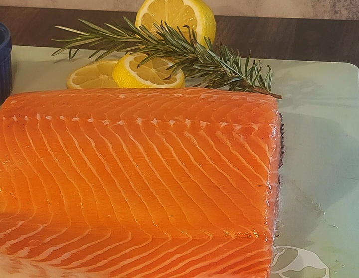 large piece of salmon filet, belly intact
dijon rosemary salmon