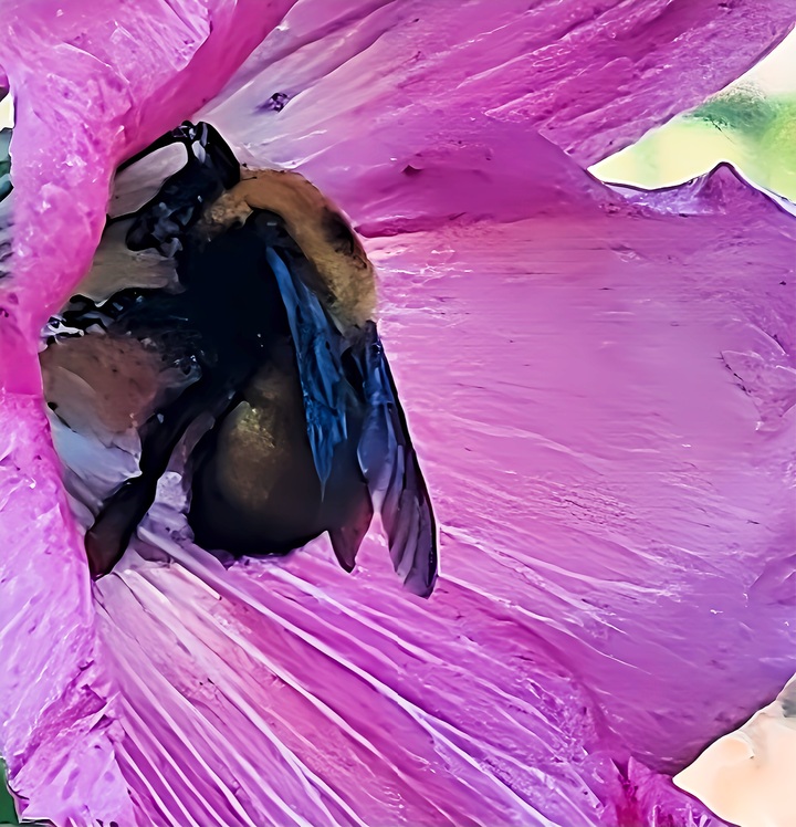 bumble bee collecting pollen and nectar from large pink flower