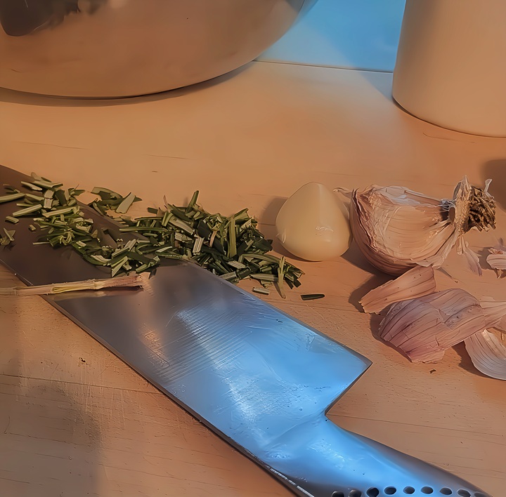 minced rosemary on cutting board with knife and garlic cloves