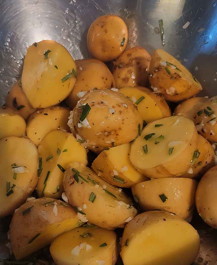 Chopped Yukon potatoes tossed with oil, garlic, rosemary, salt and pepper